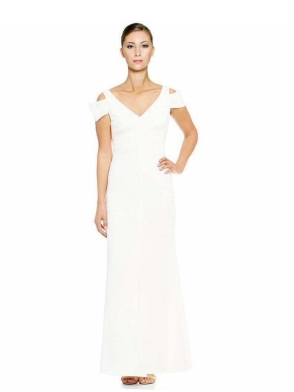 Calvin Klein White Cold Shoulder V Neck Maxi Dress Size 8 Wedding Bridal